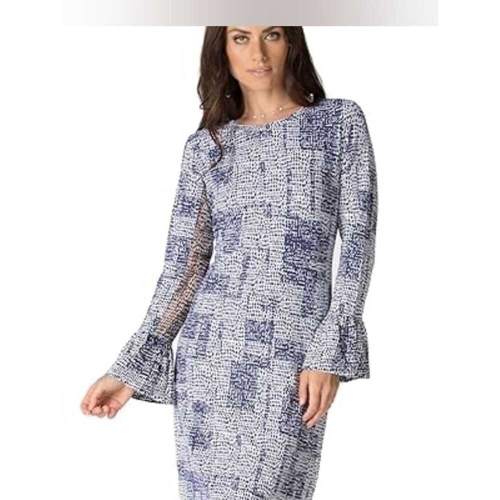IBKUL Diane Blue & White Print Long Bell Sleeve Knit Tunic Dress Size XL